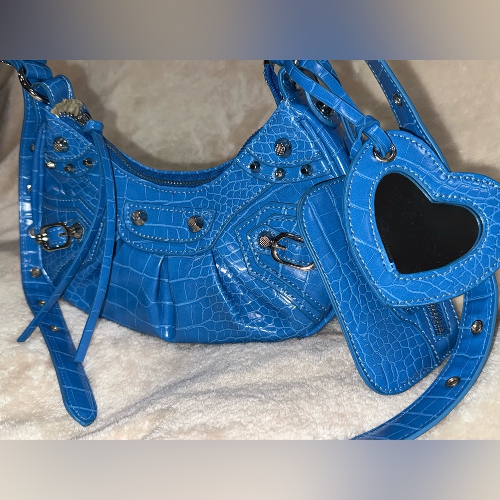 Y2K Grunge Electric Blue Studded Croc Shoulder Bag Attached Heart Mirror Wallet - Picture 4 of 16